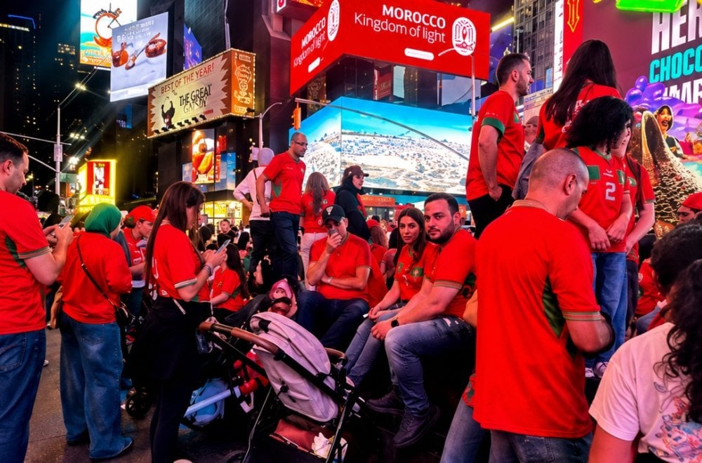 Παγκόσμιο-Κύπελλο-2026:-Η-Τάιμς-Σκουέαρ-ντύνεται-στα-κόκκινα-και-πράσινα-πριν-από-τον-αγώνα-Μαρόκο-Βραζιλία